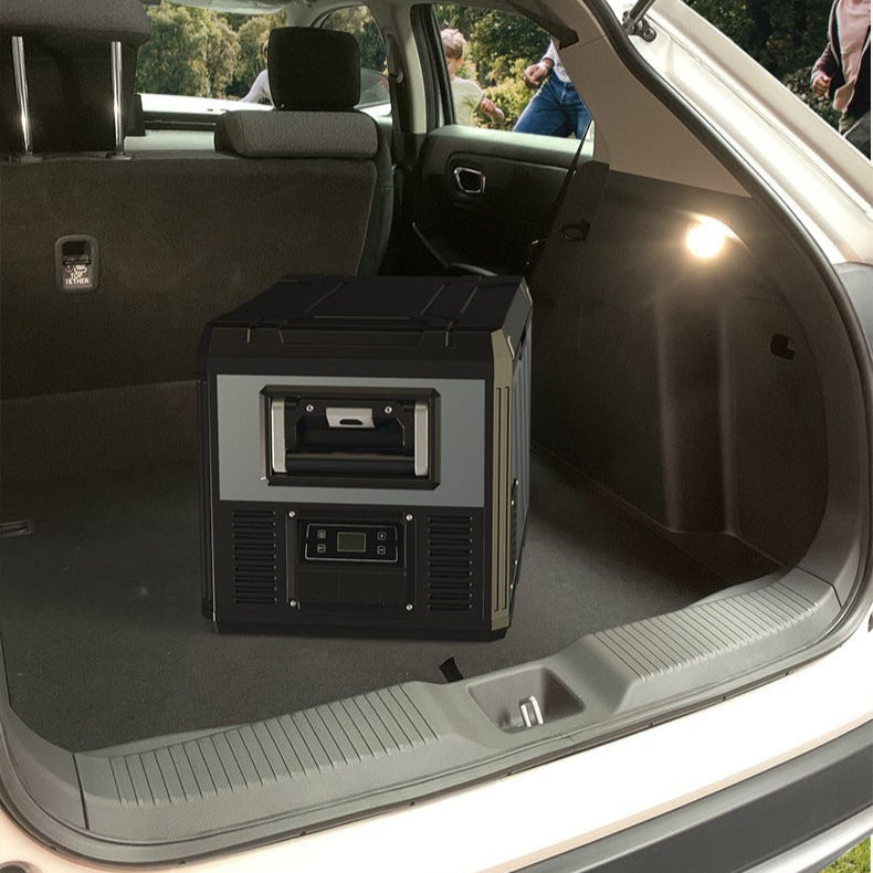 Car Life Antuncle Portable Car Fridge used in an SUV trunk and a home setting, demonstrating its versatile dual-use (car and home) functionality for various travel and daily needs.