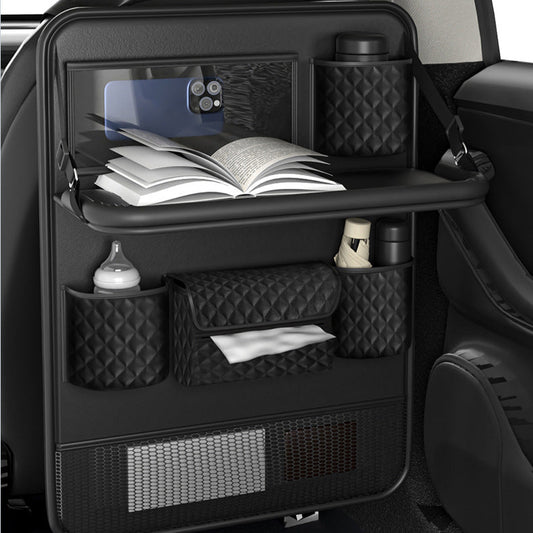 Compilation of images showing Car Life Backseat Organizer used for reading, watching media, working, and dining, highlighting its adaptability for diverse car life scenarios.
