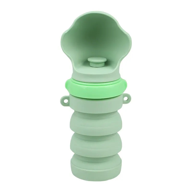 Car Life Portable Foldable Pet Water Dispenser, showing both 200ml (partially folded) and 400ml (fully unfolded) capacities, highlighting its compact design and available in multiple colors for pet travel.
