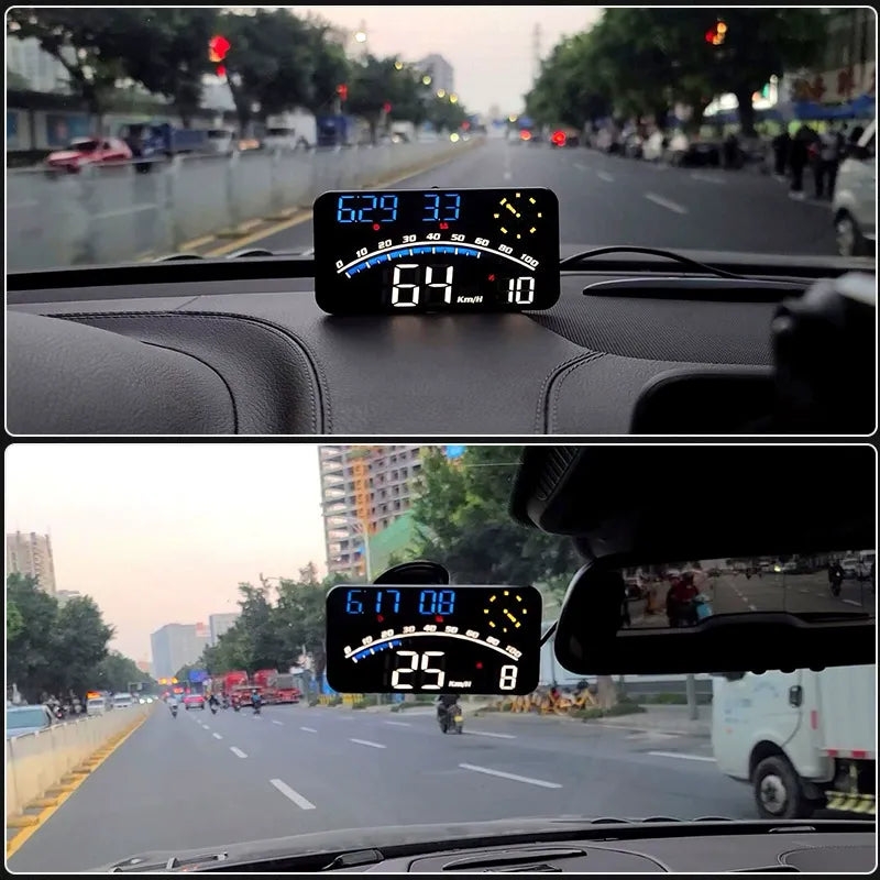 Car Life G10 Universal HUD Head-Up Display mounted on a car dashboard, showing clear digital speed, direction, and time for enhanced driving safety and convenience.