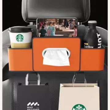 Diagram illustrating Car Life Leather Backseat Organizer's partitioned storage design, showing organized placement of phone, wallet, drinks, and more for a clutter-free car interior.