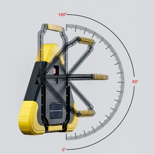 Car Life LED Emergency Warning Triangle adjusted 180 degrees, demonstrating its dual function as a handheld work light for repairs and a stable freestanding warning signal on the ground.