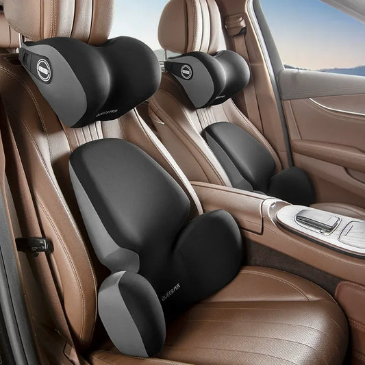 Car Life Premium Ergonomic Memory Foam Car Seat Lumbar Support and Headrest Set installed in a luxury car seat, showcasing ergonomic design for enhanced driving comfort and fatigue relief.