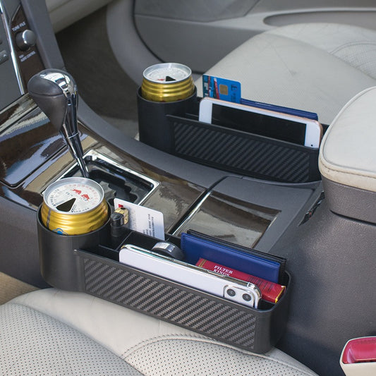 Close-up of Car Life Seat Gap Organizer's multi-functional partitioned design, highlighting dedicated slots for drinks, cards, phone, and small items, maximizing in-car storage.
