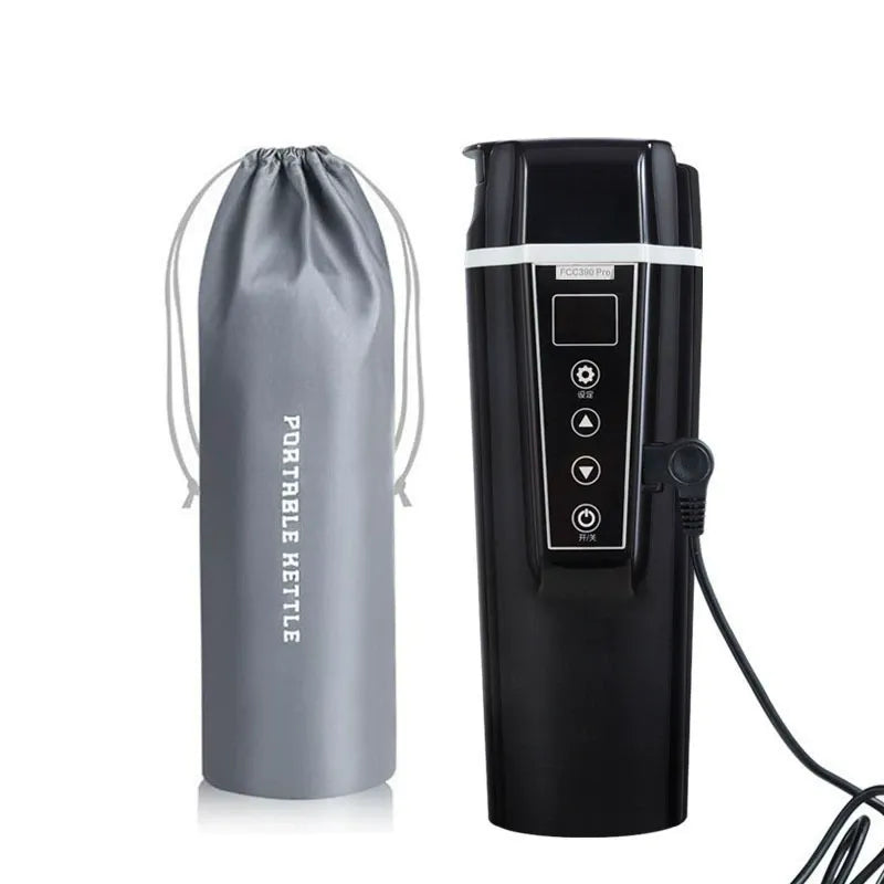 Car Life Smart 12V/24V Car Kettle with cup-style design, shown on a desk next to a laptop, emphasizing stable placement and portability for mobile workspaces or daily use.