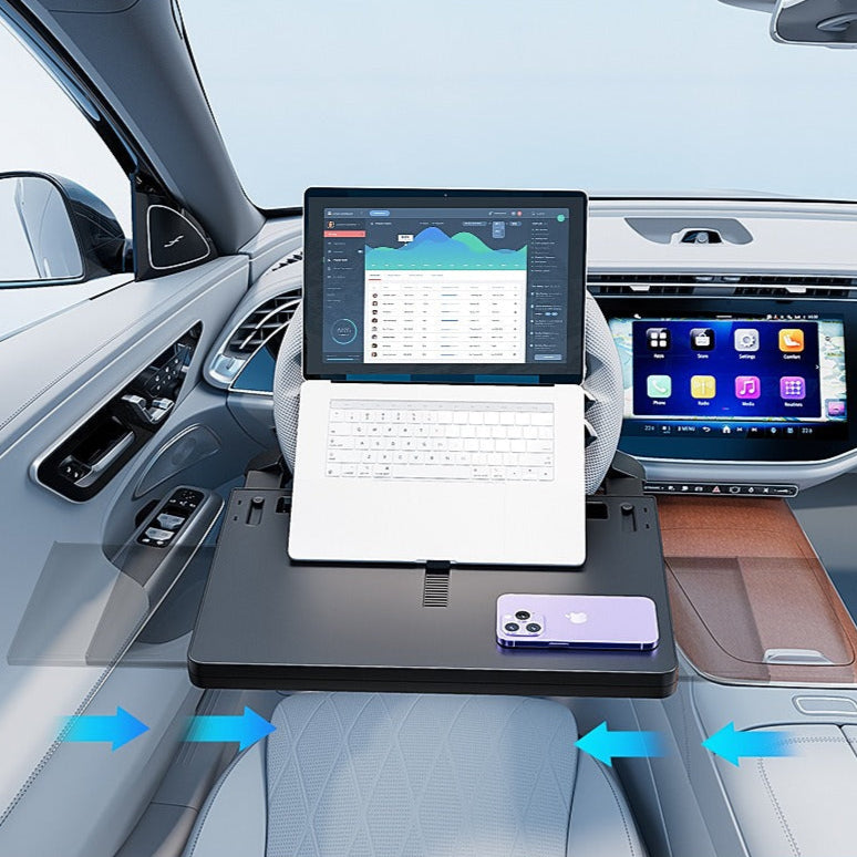 Car Life Multi-Functional Retractable Steering Wheel Desk & Tray installed in a car, supporting a laptop and food, highlighting its versatility for office, dining, and leisure.