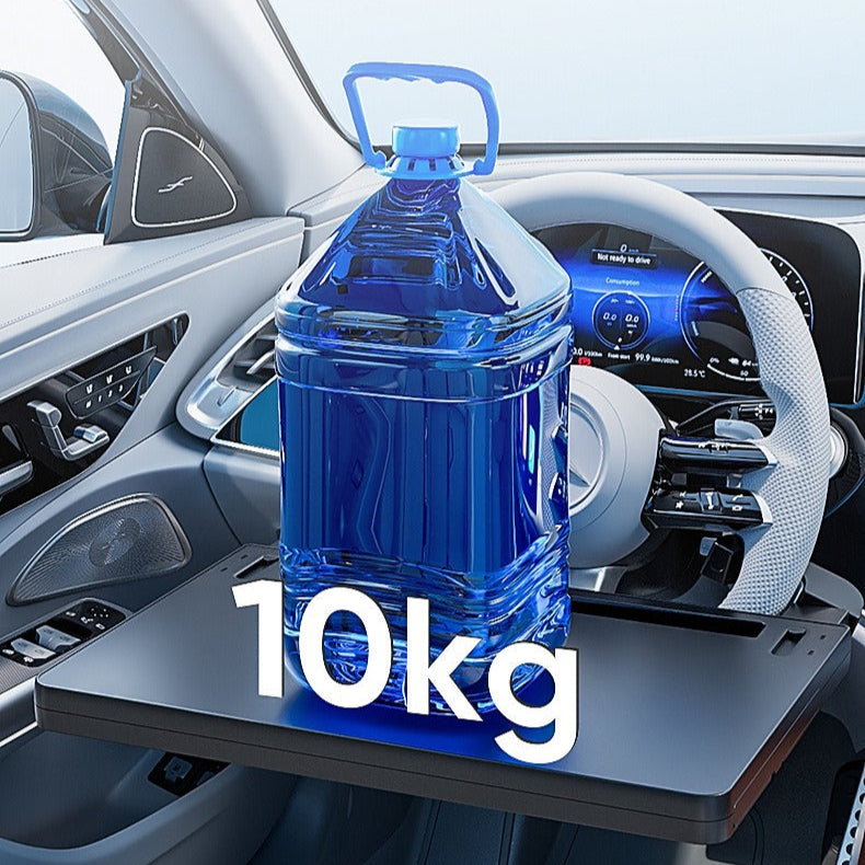 Car Life Steering Wheel Desk securely supporting a bottle, illustrating its stable triangular support structure and 10kg load capacity, preventing items from falling.