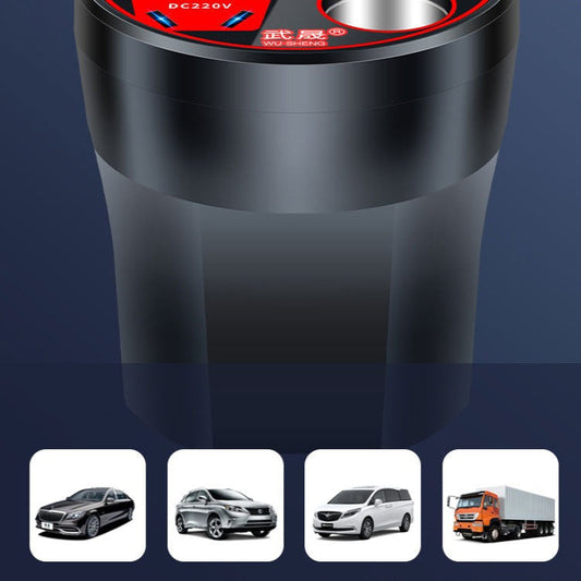 Car Life 200W Car Power Inverter showing universal compatibility with both 12V family cars and 24V large trucks, highlighting its versatile use across different vehicle types.