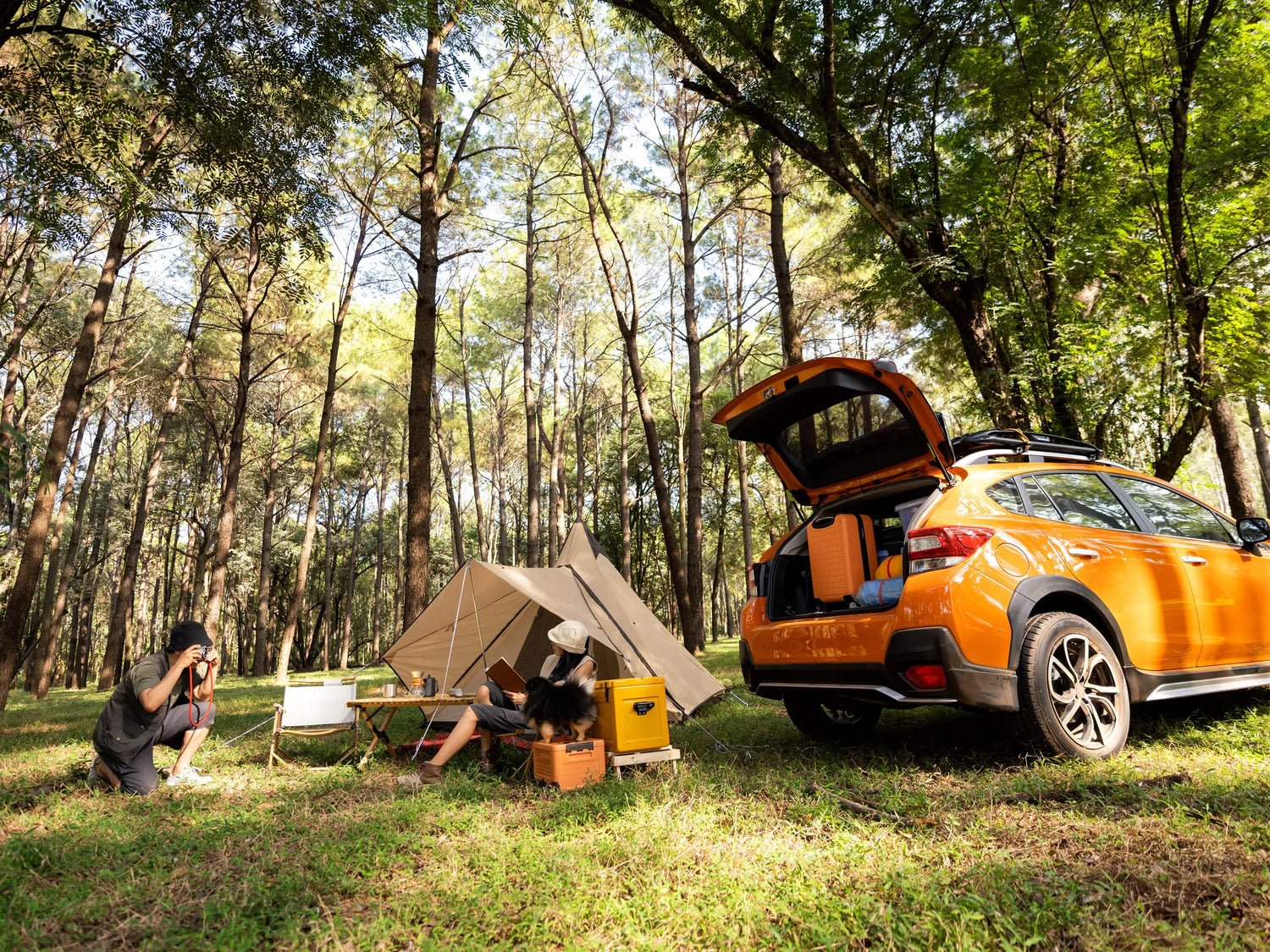 Two people enjoying an outdoor meal on a green grassy field, with a picnic table, outdoor chairs, and delicious food, capturing happy moments of car life adventure.
