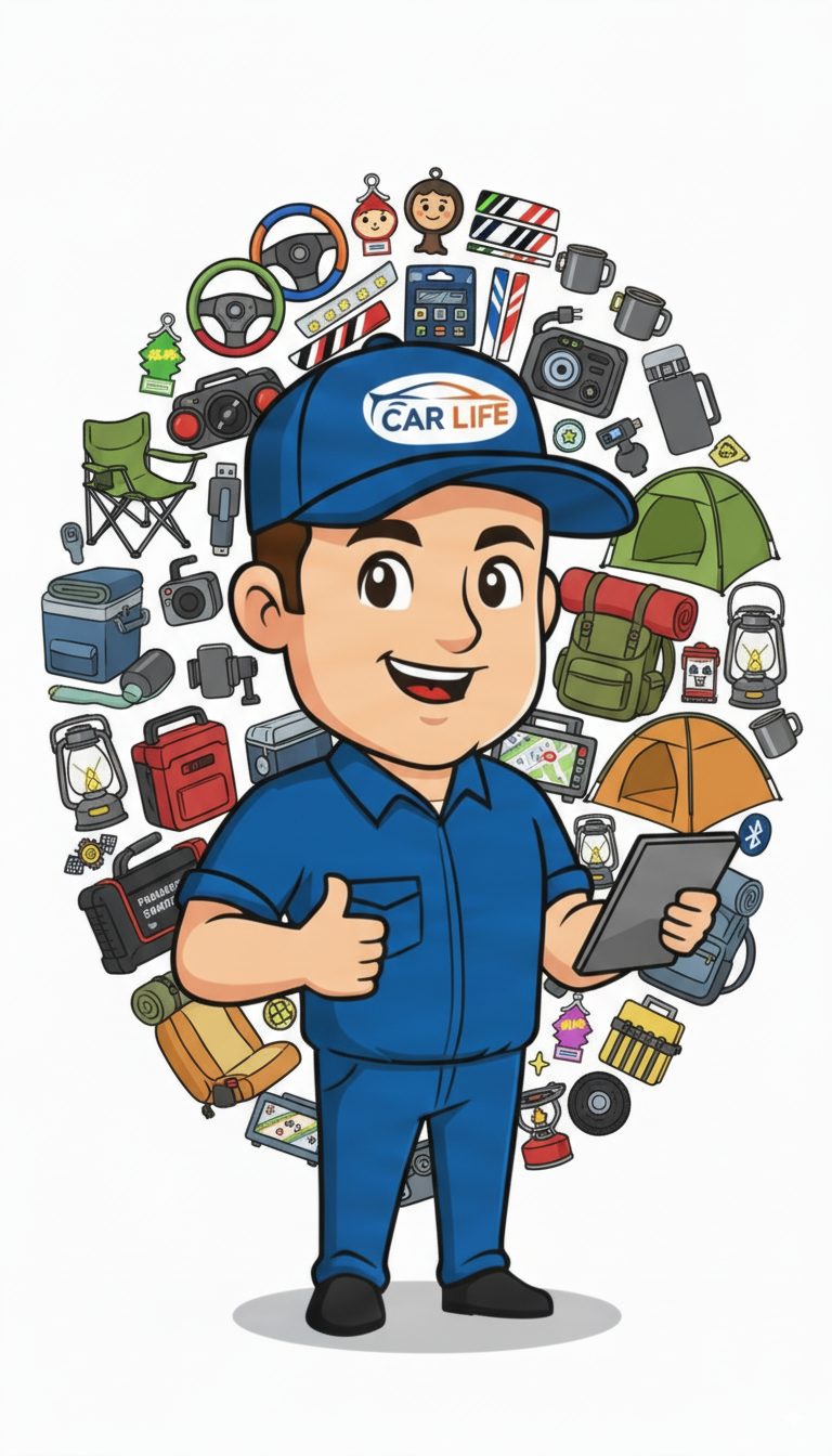 Car Life Store's friendly cartoon expert, wearing a 'CAR LIFE' cap, gives a thumbs-up while holding a tablet, surrounded by a diverse collection of curated automotive lifestyle products and outdoor gear, symbolizing comprehensive product selection and positive car life experience.