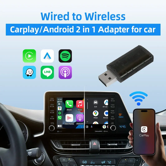 Car Life 2-in-1 Wireless CarPlay & Android Auto Adapter plugged into a car's USB port, with a smartphone screen showing the wireless interface for seamless in-car connectivity.
