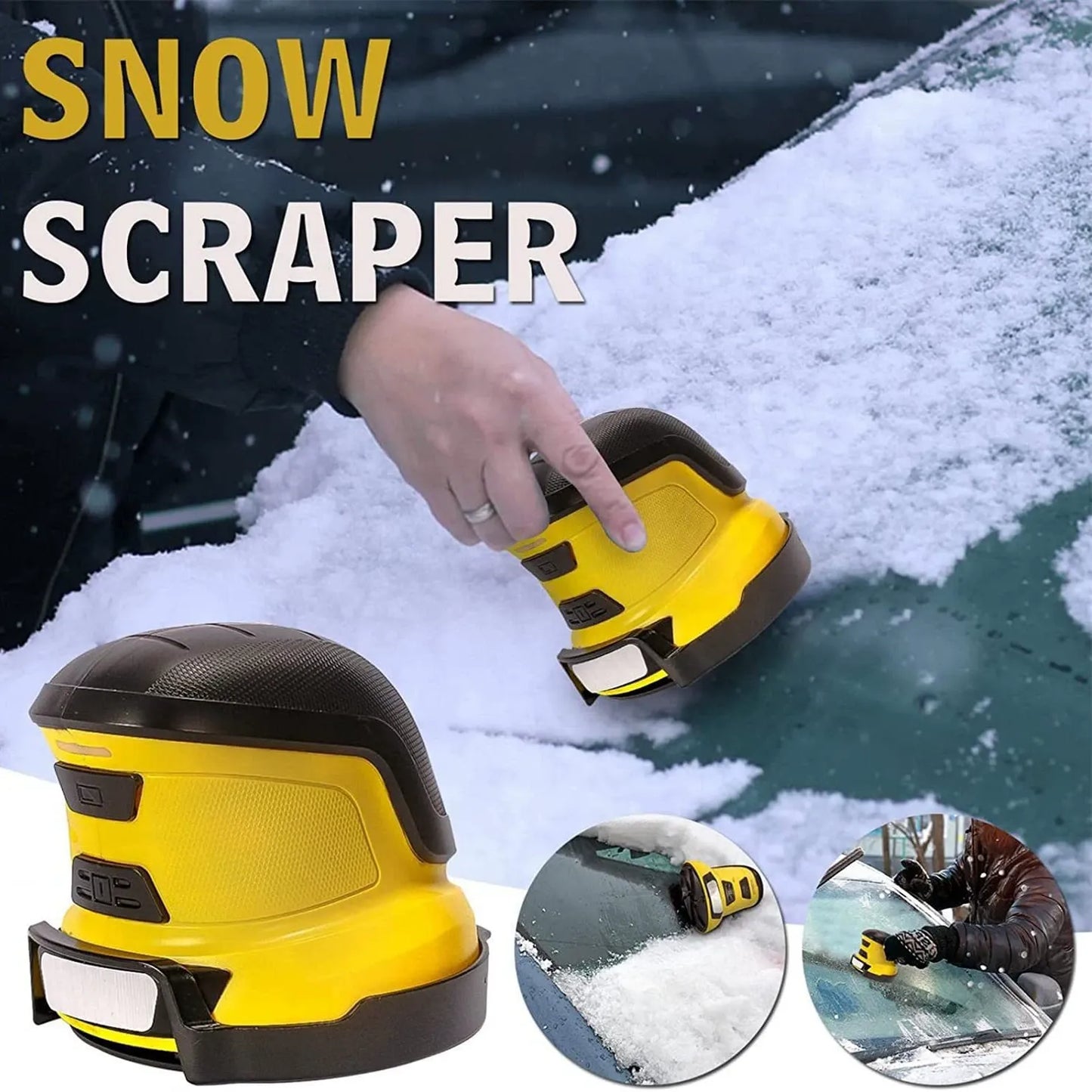 Multifunctional car - friendly snow removal shovel placed on a snow - covered car, with functions like snow removal, ice shoveling, and frost removal listed.