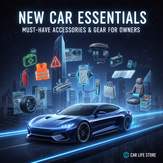 New car essentials including fire extinguisher, first aid kit, reflective vest, phone mount, portable vacuum, and other accessories with a modern car.