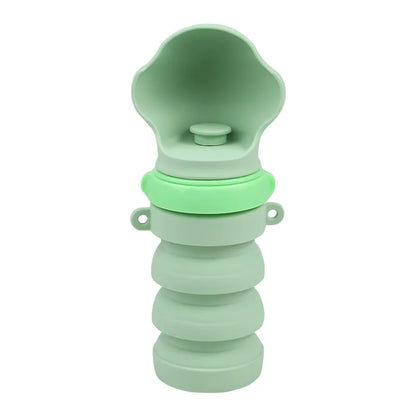 Car Life Portable Foldable Pet Water Dispenser, showing both 200ml (partially folded) and 400ml (fully unfolded) capacities, highlighting its compact design and available in multiple colors for pet travel.