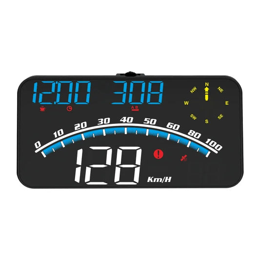 Detailed view of Car Life G10 Universal HUD displaying multiple functions including speed, driving time, distance, altitude, and compass, providing comprehensive vehicle information.