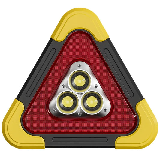 Car Life Multi-Mode LED Emergency Warning Triangle Light standing on a roadside, emitting bright, high-visibility light, designed for vehicle safety during breakdowns or accidents.