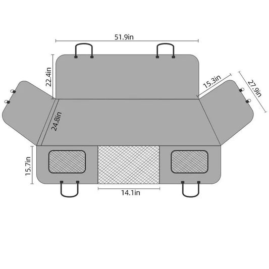Diagram illustrating the generous dimensions of Car Life Rear Seat Pet Hammock, showing its extensive coverage for most car back seats to protect upholstery.
