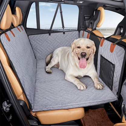 Car Life Premium Rear Seat Pet Hammock with mesh barrier, fully covering a car's back seat with a dog, demonstrating comprehensive protection, safety, and comfort for pet travel.