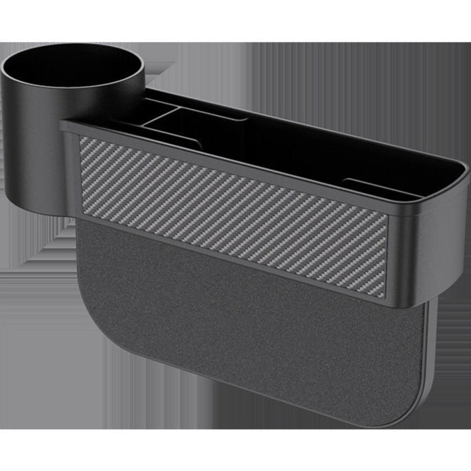 Car Life Multi-Functional Seat Gap Filler Organizer Box with stylish carbon fiber texture, neatly organizing various items for a clutter-free interior.
