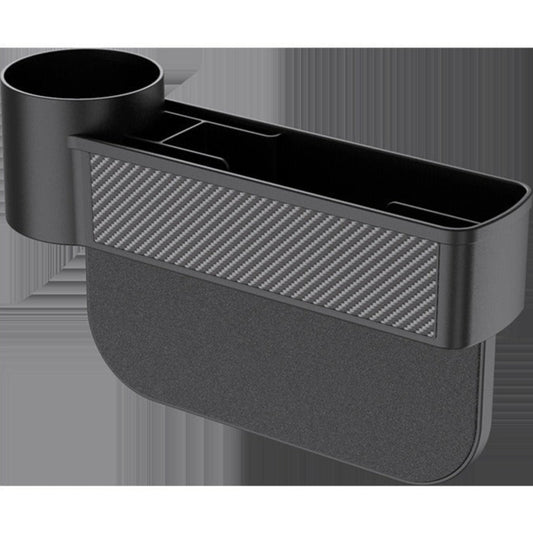 Car Life Multi-Functional Seat Gap Filler Organizer Box with stylish carbon fiber texture, neatly organizing various items for a clutter-free interior.