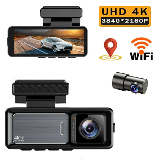  Car Life Sentinel Pro 4K Dual Dash Cam with clear IPS display, showing front and rear cameras, highlighting 4K recording for comprehensive vehicle security and driving safety.

