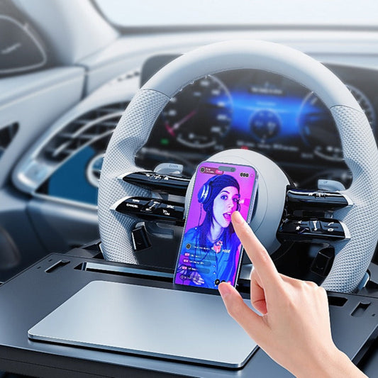 Car Life Multi-Functional Retractable Steering Wheel Desk & Tray installed in a car, supporting a phone, highlighting its versatility for office, dining, and leisure.