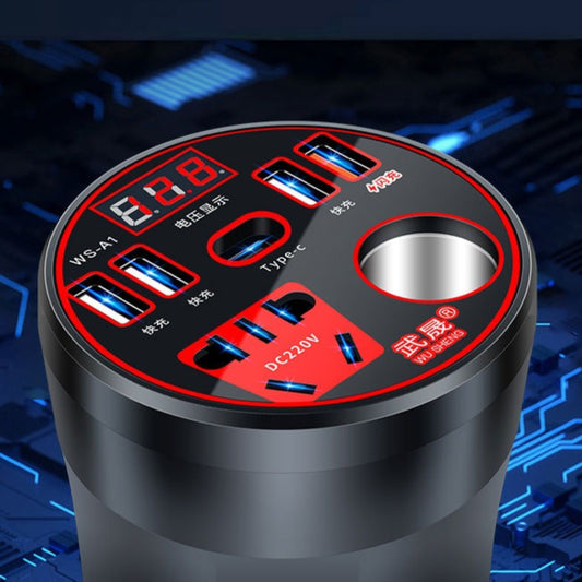 An infographic demonstrating the Car Life Power Inverter's multi-layered safety system, including the smart chip, overload protection, and intelligent cooling fan