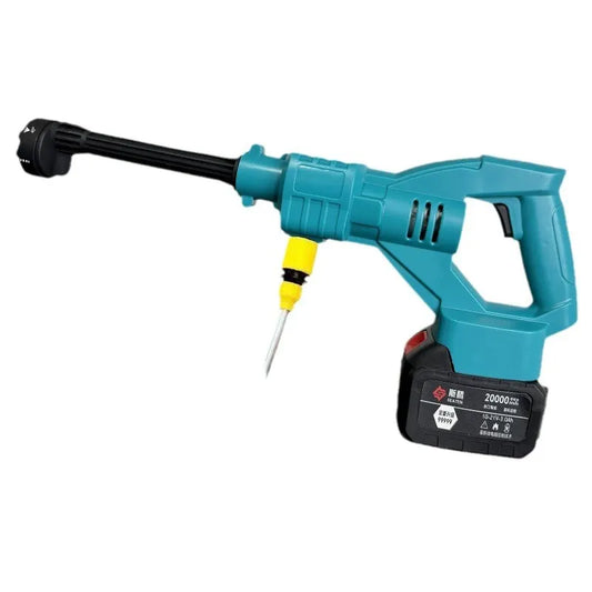 Demonstration of the Car Life Power Washer's versatility, with the hose and filter drawing water from a bucket for a car wash anywhere.