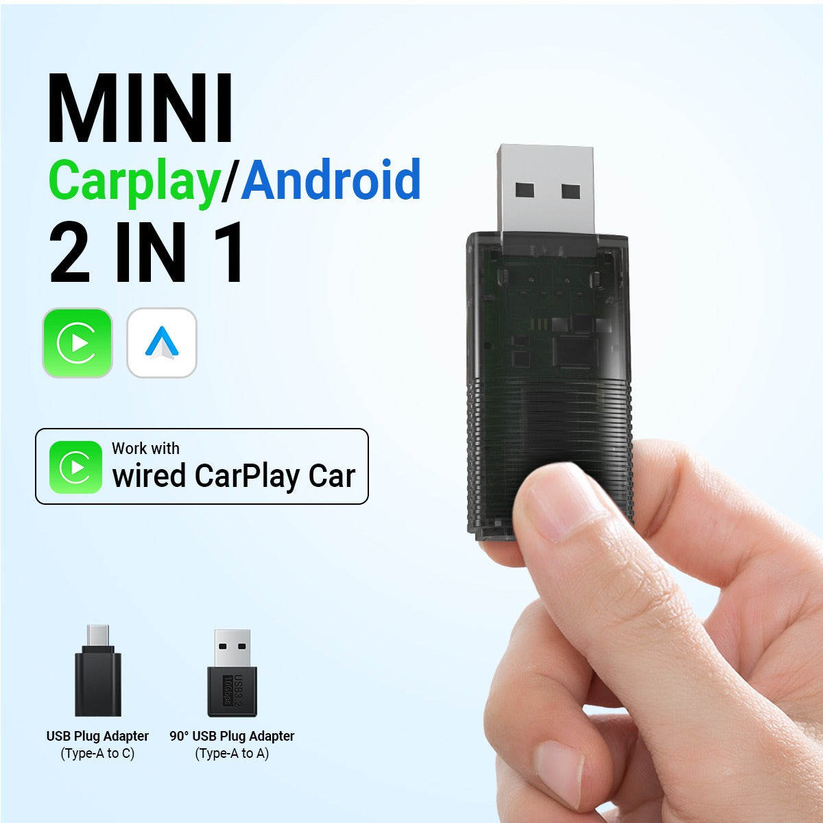Close-up of Car Life 2-in-1 Wireless CarPlay & Android Auto Adapter, highlighting its mini size and Type-C port for discreet and universal car integration.