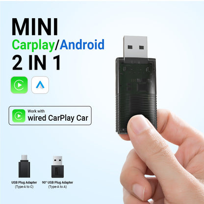 Close-up of Car Life 2-in-1 Wireless CarPlay & Android Auto Adapter, highlighting its mini size and Type-C port for discreet and universal car integration.