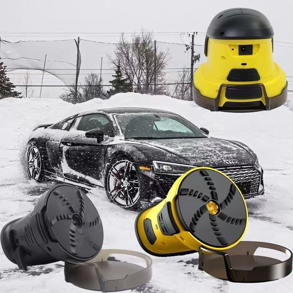 The yellow Car Life Electric Ice Scraper in action, effortlessly clearing a thick layer of frost from a car's windshield on a cold winter morning