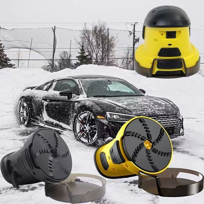 The yellow Car Life Electric Ice Scraper in action, effortlessly clearing a thick layer of frost from a car's windshield on a cold winter morning