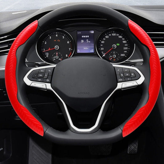 A close-up of a hand firmly holding the textured, anti-slip surface of the Car Life Carbon Fiber Steering Wheel Grip, demonstrating enhanced control.